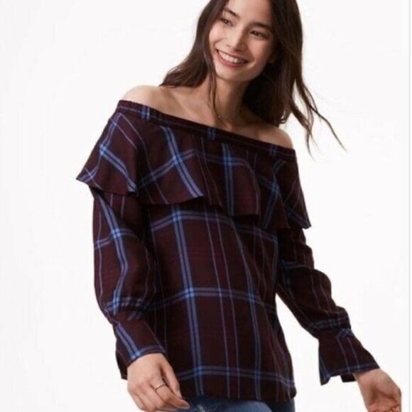 LOFT Plaid Ruffle Off The Shoulder Blouse Size XS - Picture 1 of 4